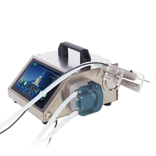 Medical device with digital display and various components on a white background