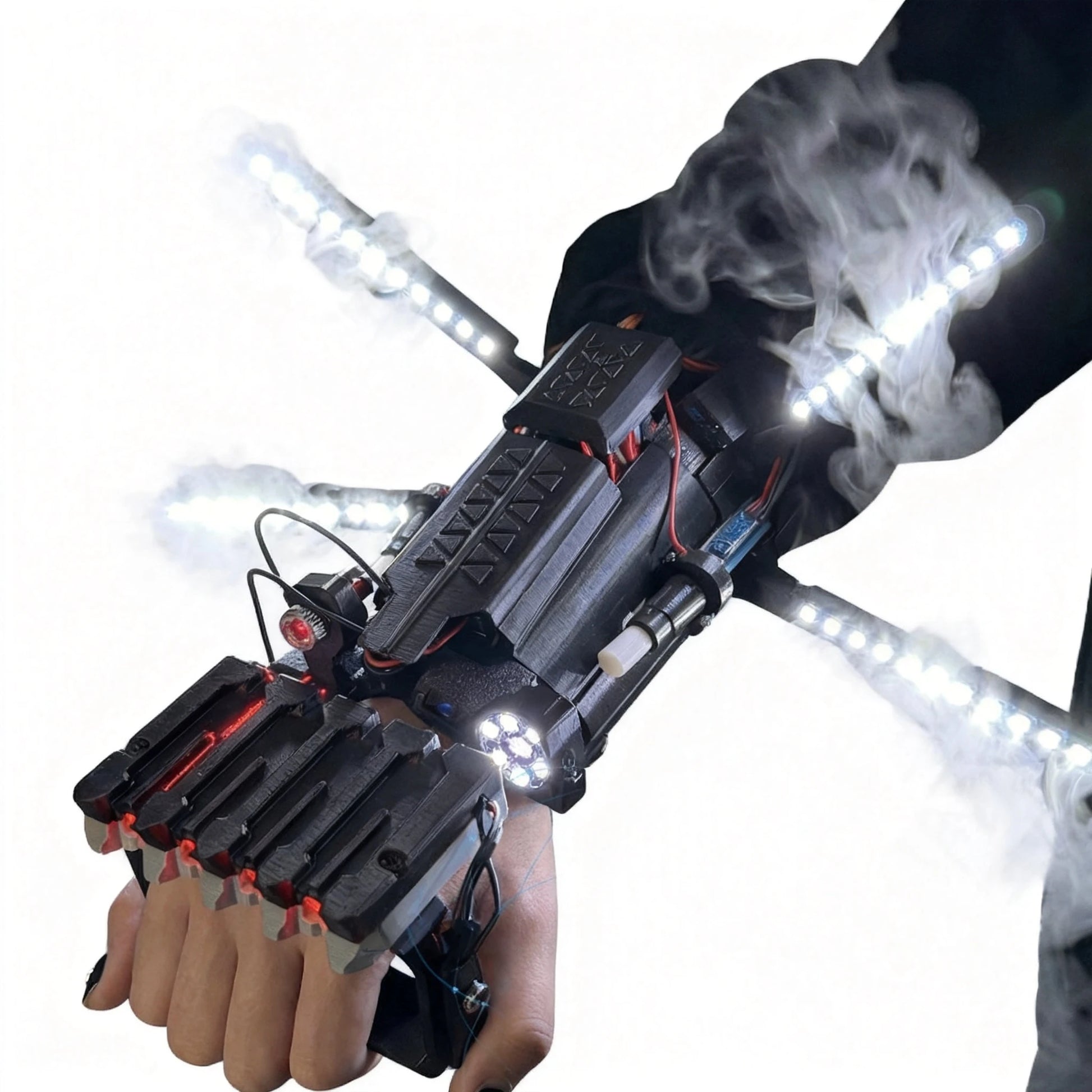 Cyberpunk mechanical arm prop with LED wings deployed, blue lighting mode
