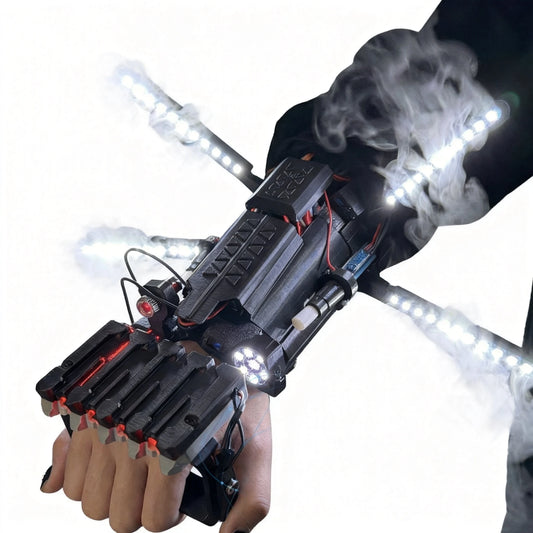 Cyberpunk mechanical arm prop with LED wings deployed, blue lighting mode

