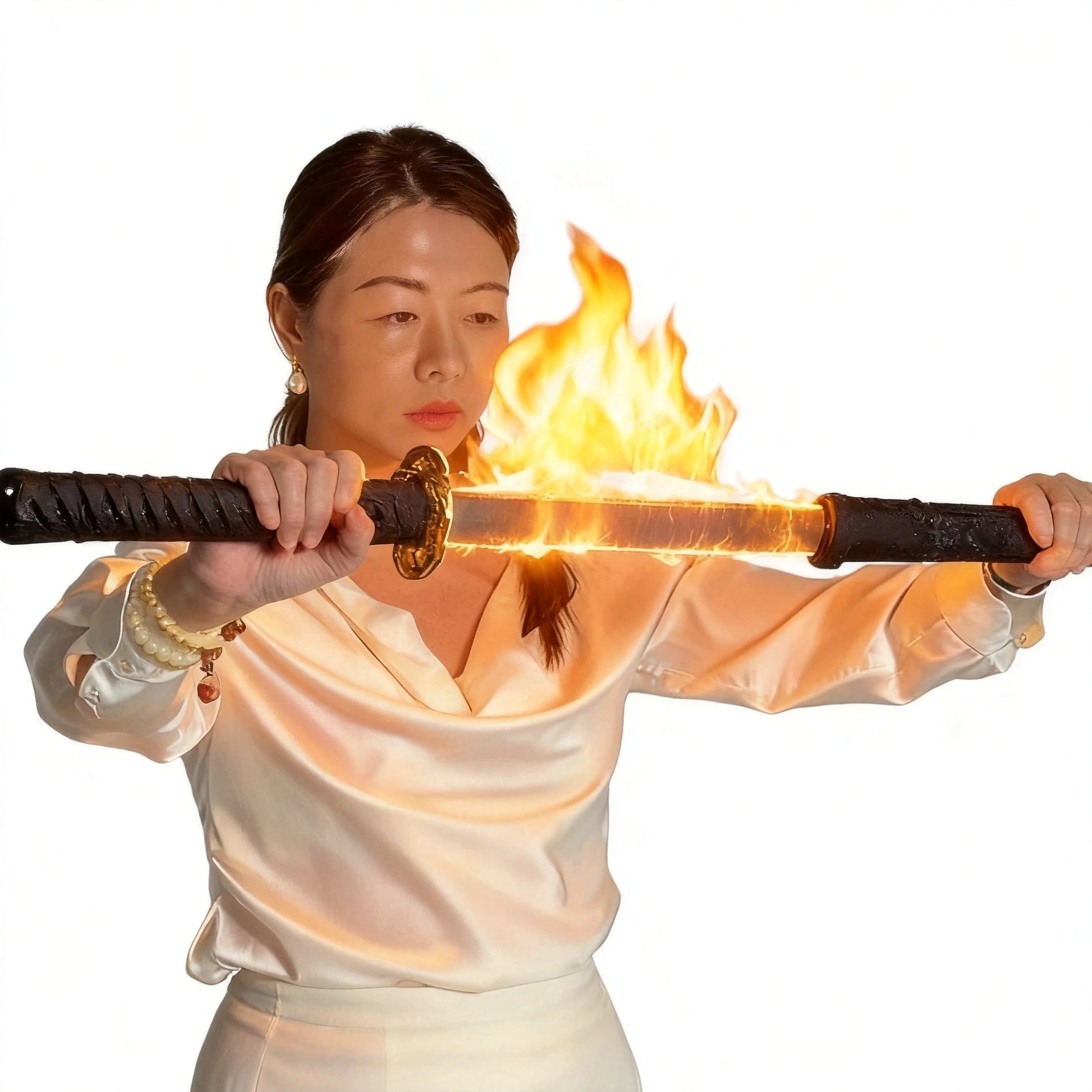 Fire performance katana prop with sheath — black version full view
