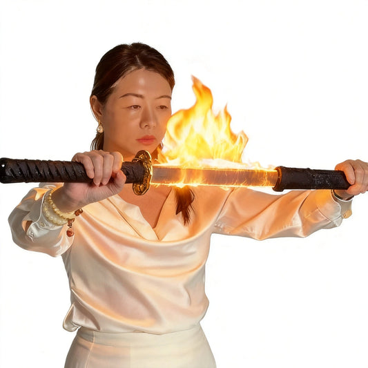 Fire performance katana prop with sheath — black version full view

