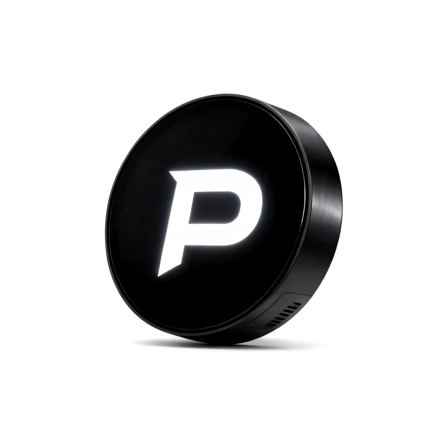 Poply PixelBadge programmable car emblem display — gloss black housing with glowing white P logo, 45-degree angle, white background