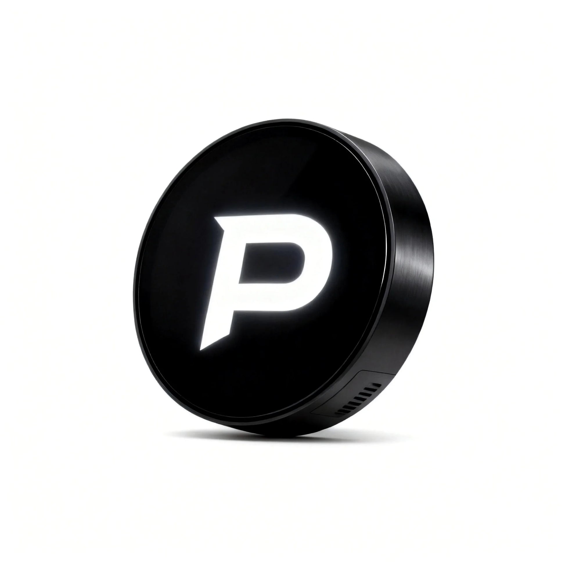 Poply PixelBadge programmable car emblem display — gloss black housing with glowing white P logo, 45-degree angle, white background