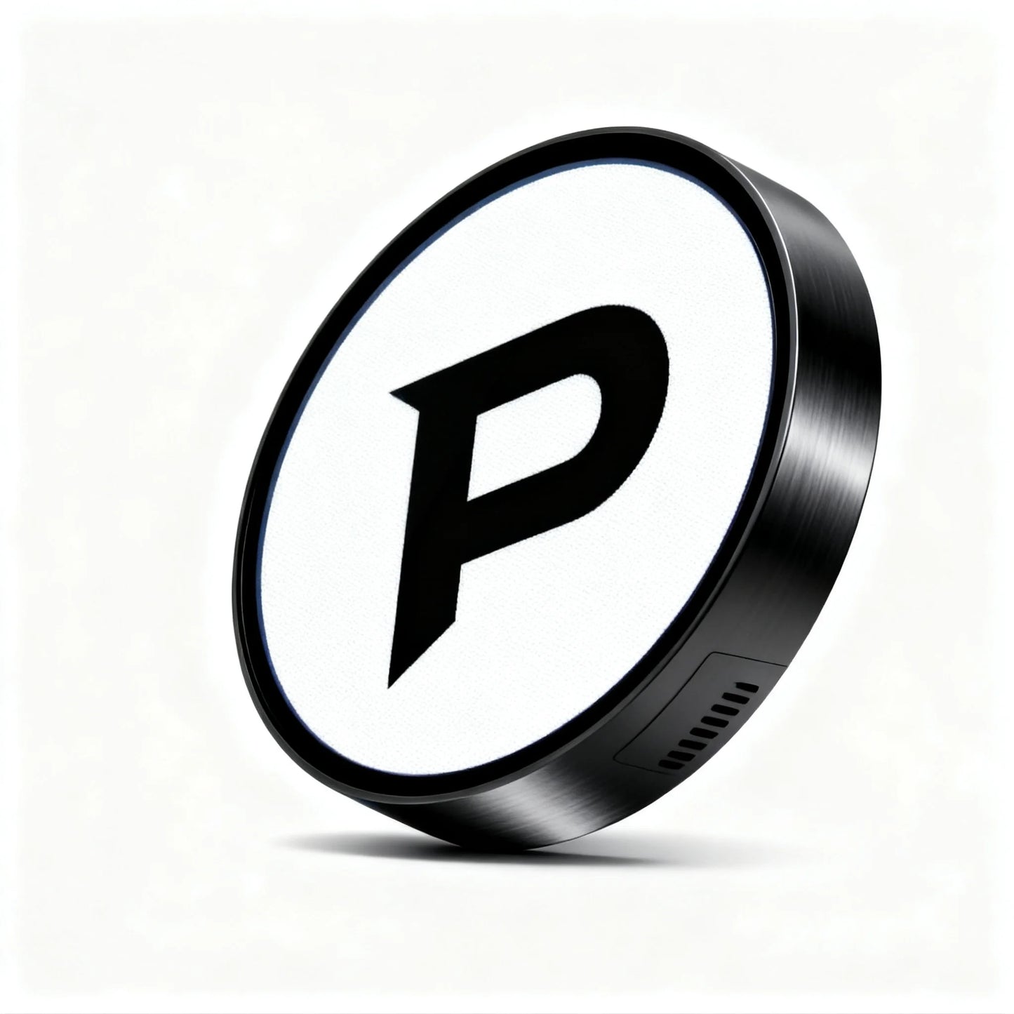 Poply PixelBadge smart car emblem display — white screen mode with bold black P logo, angled view showing gloss black bezel and housing depth